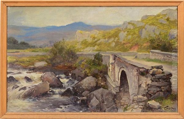 Bridge Over A Roaring Stream Oil Painting by Augustus William Hare