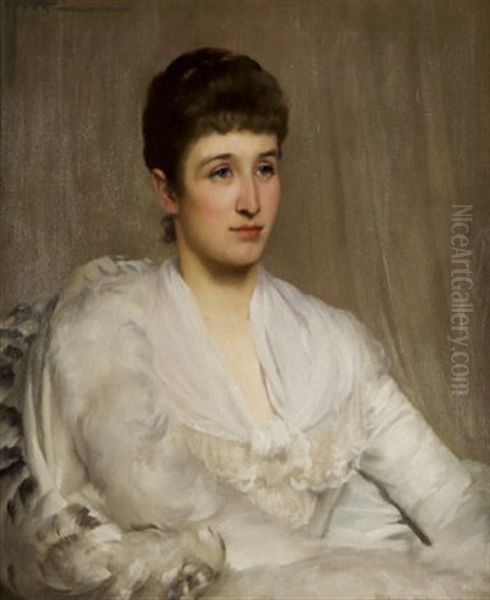 Portrait Of A Lady In A White Lace Dress Oil Painting by St. George Hare