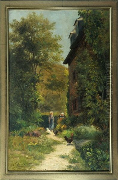 Haus Mit Zwei Personen Und Huhnern Im Hinterhof Oil Painting by Ernest Victor Hareux