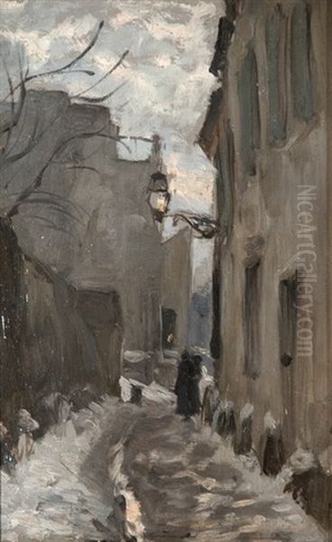 Paris, Une Rue A Montmartre, Effet De Neige Oil Painting by Ernest Victor Hareux