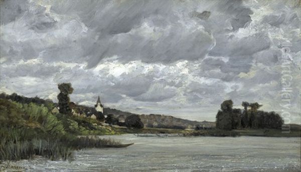 Flussuferpartie Mit Dorf Unter Gewitterwolken Oil Painting by Ernest Victor Hareux