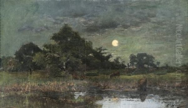 Lever De Lune Sur Un Marais En Sologne Oil Painting by Ernest Victor Hareux