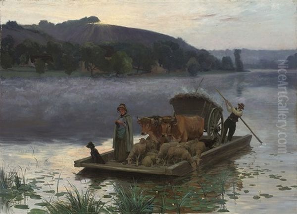 The River Ferry At Dawn Oil Painting by Ernest Victor Hareux