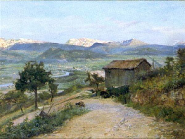 La Vallee De Grenoble. La Chaine De Belledonne Et Le Taillefer Au Coucher Du Soleil Oil Painting by Ernest Victor Hareux