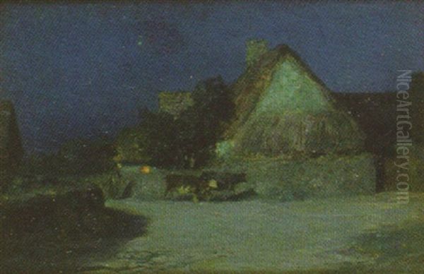 Nuit Tombante, Retour Du Troupeau A La Ferme Oil Painting by Ernest Victor Hareux