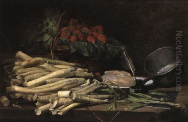 Stilleben Mit Spargel, Zwiebeln, Fleisch Und Einem Korb Oil Painting by Ernest Victor Hareux