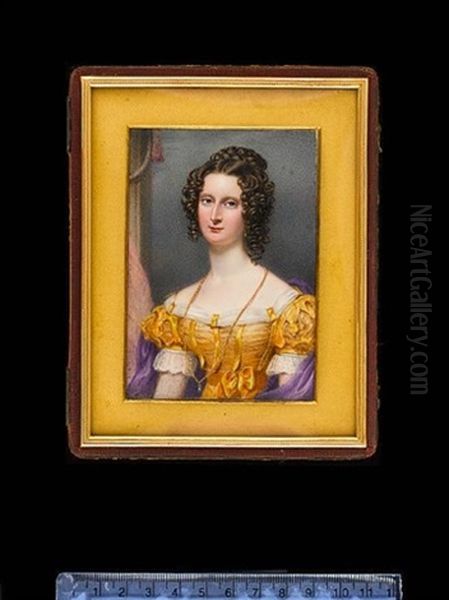 A Lady, Wearing Yellow Dress With Short Puffed Sleeves And Lavishly Trimmed With Ribbon And Lace, A Purple Shawl Passed Around Her Shoulders, Gold Necklace, Her Brown Hair Plaited And Curled Oil Painting by George Hargreaves