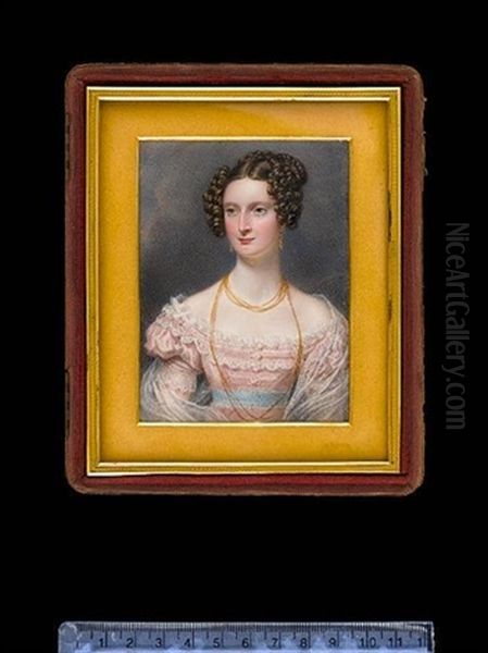 Anne Rankin (nee Burt), Wearing Pink Dress And Pale Blue Sash, The Bodice, Neckline And Short Puffed Sleeves Lavishly Trimmed With Lace Oil Painting by George Hargreaves