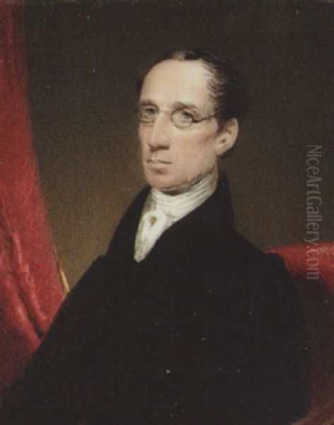 Mr. Crockett Junior Wearing Spectacles, Black Coat, Waistcoat And White Cravat With Stickpin, A Red Curtain To His Right Oil Painting by George Hargreaves