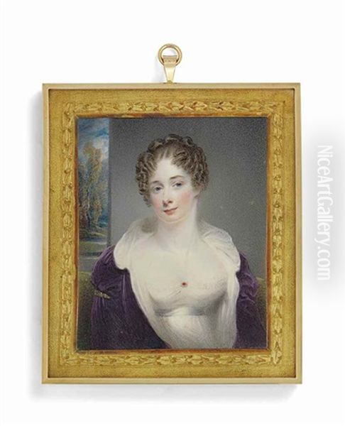 A Young Lady, In White Dress And Purple Velvet Gown; Landscape Background Oil Painting by Thomas Hargreaves