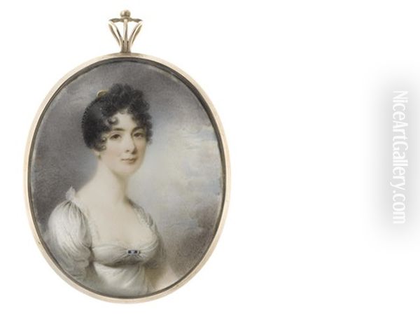 Mrs Mary Gaskell (d.1845), Wearing White Dress Edged With Lace, Sapphire Brooch At Her Corsage, Her Raven Hair Braided, Curled And Upswept With A Tortoiseshell Comb Oil Painting by Thomas Hargreaves