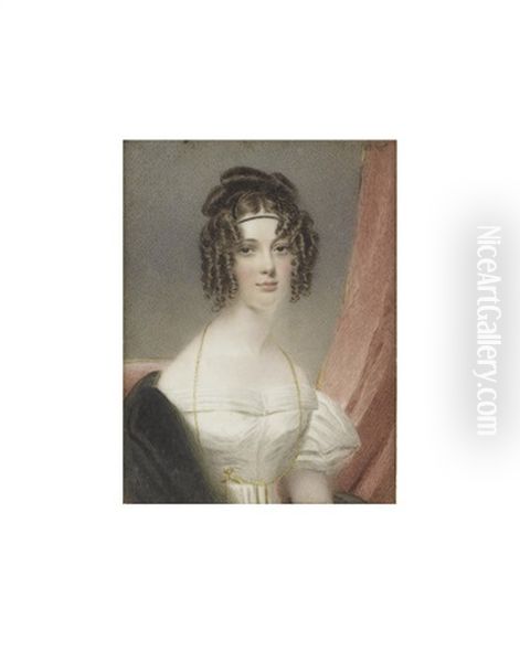 A Lady, Called Clementina Herbert Nee Beckwith (d.1864), Seated Before Red Drapery And Wearing White Decollete Dress, Her Black Stole Draped Over Her Right Shoulder Oil Painting by Thomas Hargreaves