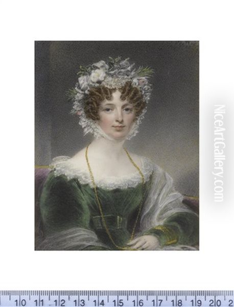 A Lady, Seated On Chaise-longue, Wearing Green Dress With Bouffant Sleeves And Double-tiered White Lace Trim Oil Painting by Thomas Hargreaves