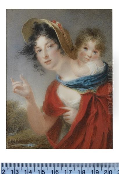 A Lady, Called Mrs Mary Whitehouse Nee Lake (1774-1865) Carrying Her Daughter, Clarissa Barbara, On Her Back Oil Painting by Thomas Hargreaves