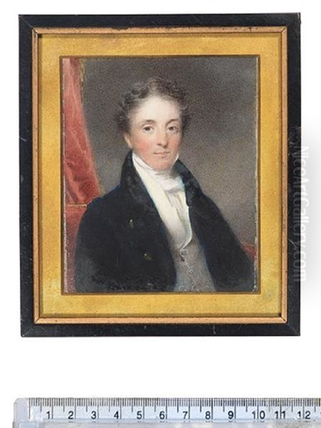 A Gentleman, Seated On A Red Upholstered Chair, Wearing Blue Coat, Cream Waistcoat And White Cravat, Red Curtain Background Oil Painting by Thomas Hargreaves