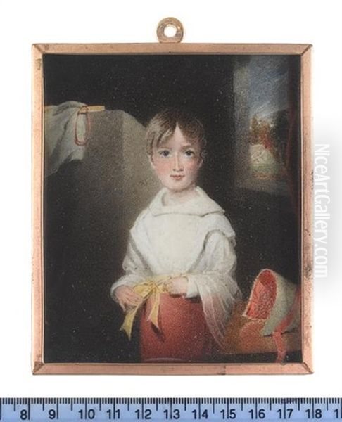 The Artist's Daughter, Mary, As A Young Girl, Wearing Coral Skirt, White Blouse, Yellow Sash, Coral Lined Bonnet On Table By Her Left Oil Painting by Thomas Hargreaves