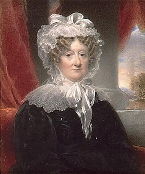 A Lady, Wearing Black Dress And White Lace Indoor Bonnet Tied Under Her Chin (+ A Gentleman, Wearing Black Coat, Frilled White Chemise And White Cravat; Pair) Oil Painting by Thomas Hargreaves