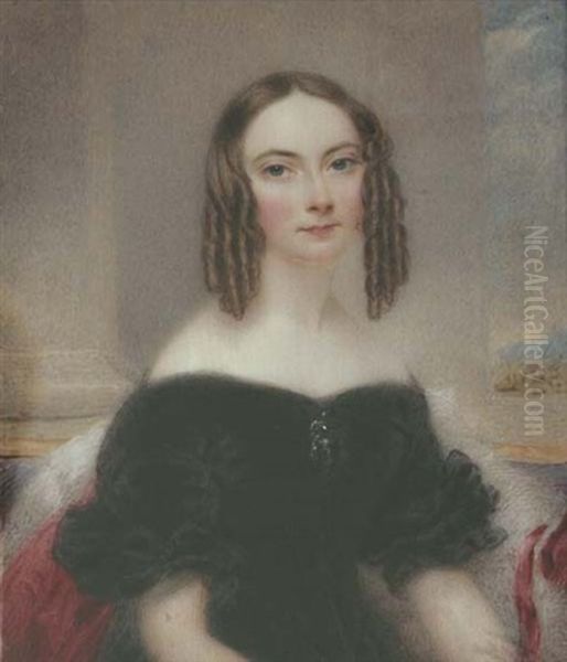 A Young Lady, Seated In A Blue Upholstered Chair, In Black Velvet Dress, Drop Jewel Pendant At Corsage, White Fur-bordered Red Cloak, Her Centre-parted Light Brown Hair Dressed In Ringlets Oil Painting by Thomas Hargreaves