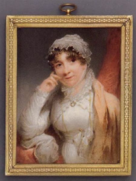 Anne Earle In White Dress, Lace-bordered White Surcoat, Pale Pink Cashmere Stole, A Lorgnette On A Chain Pinned At Waist, Lace Mob Cap Tied Under Her Chin Oil Painting by Thomas Hargreaves