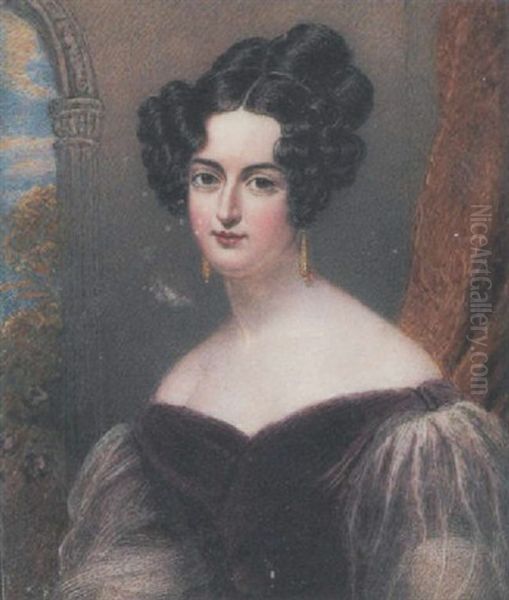 Jane Duthie Wearing Burgundy Velvet Dress With Puffed Transparent Sleeves, Drop Gold Earrings, Her Dark Brown Hair Curled And Upswept Oil Painting by Thomas Hargreaves