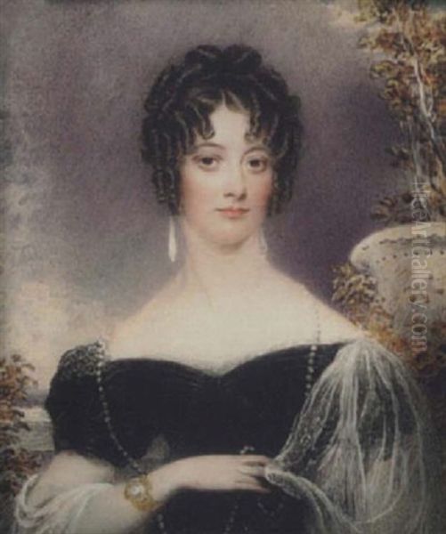 Portrait Of A Young Lady Wearing Decollete Black Dress With Short Sleeves And White Lace Underslip, White Gauze Shawl... Oil Painting by Thomas Hargreaves