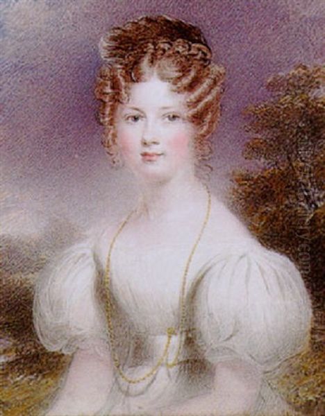 A Portrait Of A Young Lady With Hair Piled High In Ringlets Wearing A White Dress Oil Painting by Thomas Hargreaves