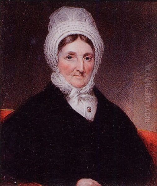 An Elderly Lady, Seated In A Red Upholstered Chair, Wearing White Lace Bonnet Tied Beneath Her Chin Oil Painting by Thomas Hargreaves