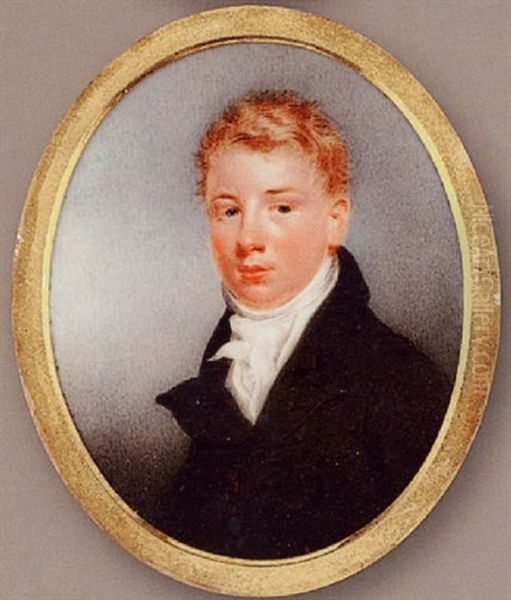 A Young Gentleman, Wearing Dark Green Coat, Cream Waistcoat And Tied White Cravat Oil Painting by Thomas Hargreaves