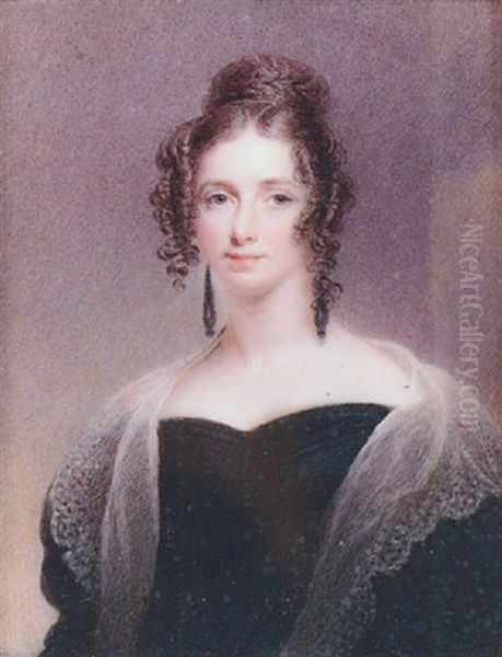 Portrait Of A Lady, Her Hair In A Plaited Bun And Ringlets, Wearing Decollete Black Dress, White Lace Shawl Oil Painting by Thomas Hargreaves