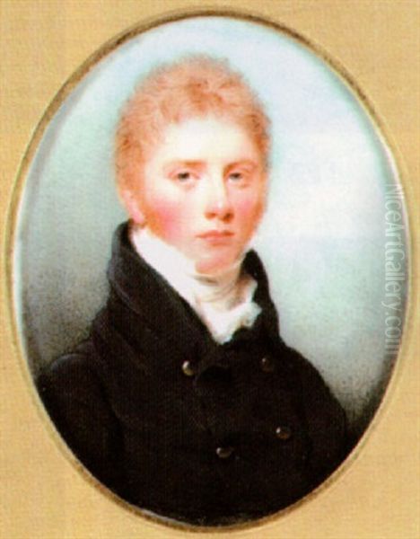 A Young Gentleman, With Side Whiskers, Wearing Blue Coat With Gold Buttons, White Waistcoat, Stock And Cravat Oil Painting by Thomas Hargreaves