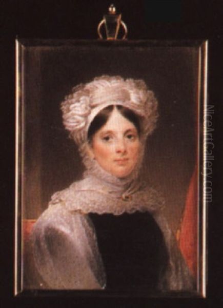 Portrait Of A Lady Seated Before A Red Curtain, Wearing A Lace Shawl Over Her Black Dress Oil Painting by Thomas Hargreaves