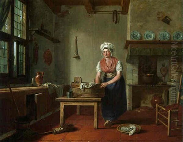 A Kitchen Maid In An Interior Oil Painting by Johannes Hari the Elder