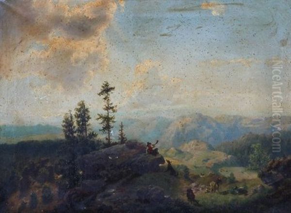 Landscape With Goatheard Blowing Horn Oil Painting by George Jabin