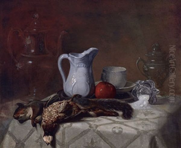 Still Life With Squirrel And Pheasant On A Table Set With Glass Pitchers And An Apple Oil Painting by Paul Harney Jr.