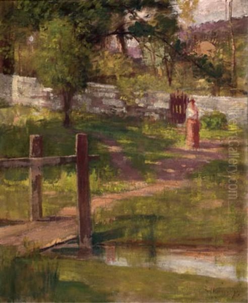 Woman Walking Along A Sunlit Path Oil Painting by Paul Harney Jr.