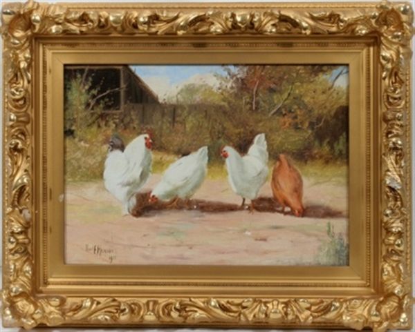 Four Chickens In A Farmyard Oil Painting by Paul Harney Jr.