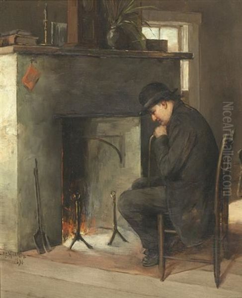 Interior Scene With Man In Top Hat And Overcoat Seated By A Fire Oil Painting by Paul Harney Jr.