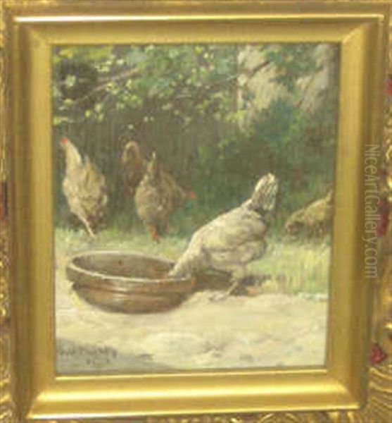 Chickens Feeding In A Landscape Oil Painting by Paul Harney Jr.