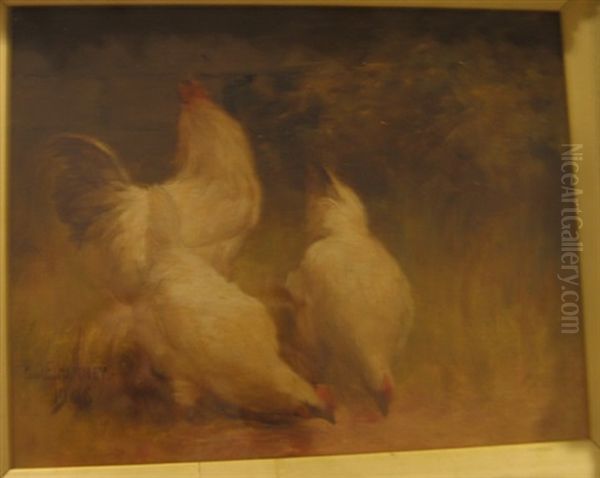 Three Chickens Feeding Oil Painting by Paul Harney Jr.