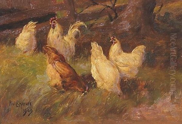 Chickens In A Meadow (+ 2 Others; 3 Works) Oil Painting by Paul Harney Jr.