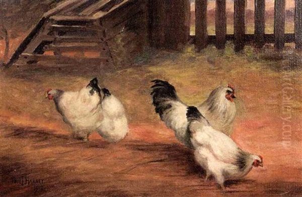 Four Chickens In A Farmyard Oil Painting by Paul Harney Jr.