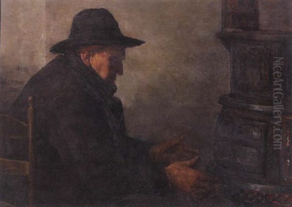 Interior Scene Of An Old Man Warming His Hands Near A Stove Oil Painting by Paul Harney Jr.