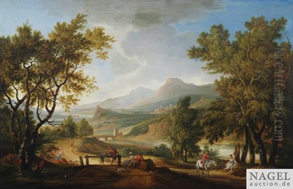 Italienisierende Flusslandschaft Mit Bauern Und Reisenden Oil Painting by Adolf Friedrich Harper