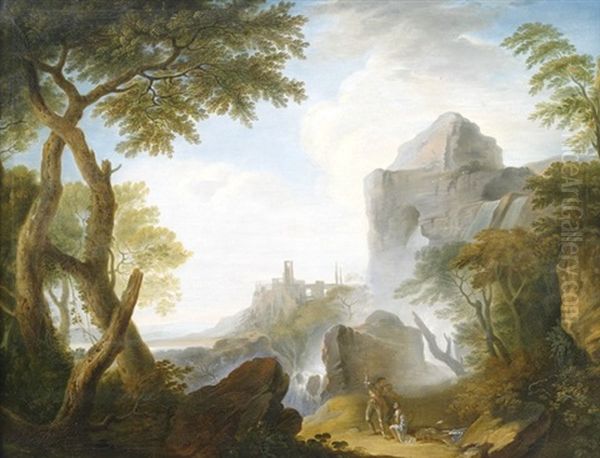 Idealisierte Campagnalandschaft Mit Wasserfall Und Ruinen, Im Vordergrund Figurenstaffage Oil Painting by Adolf Friedrich Harper