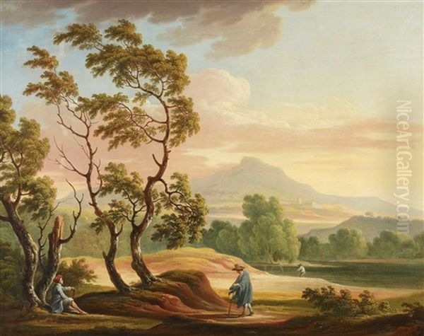 Weite Italienische Landschaft Mit Wanderern Oil Painting by Adolf Friedrich Harper