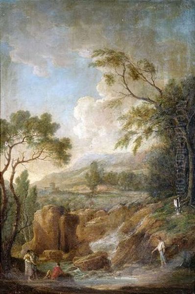 Idealisierte Campagnalandschaften Mit Wasserfallen, Figuren- Und Tierstaffage (pair) Oil Painting by Adolf Friedrich Harper