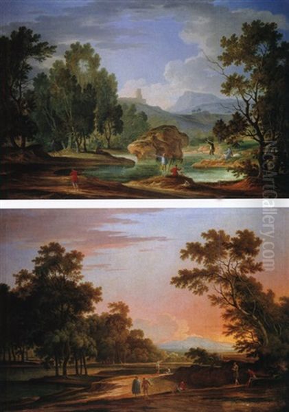 Landschaft Bei Tivoli Mit Der Villa Des Maecenas - Der Morgen (+ Tiberlandschaft Bei Rom - Der Abend; Pair) Oil Painting by Adolf Friedrich Harper