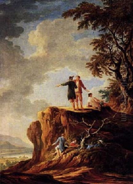 Figures Standing On The Top Of A Hill With A View Of A River Landscape Beyond Oil Painting by Adolf Friedrich Harper