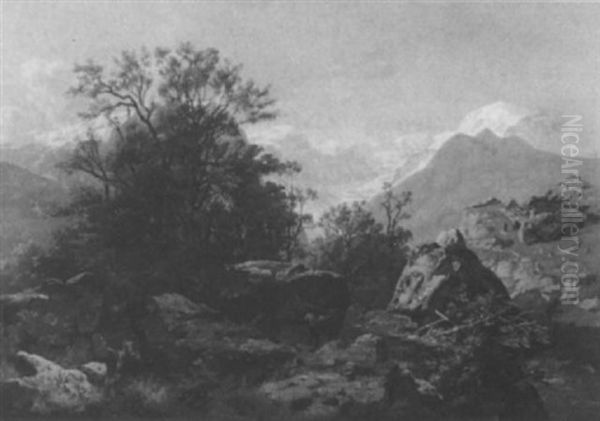 Reisigsammler In Schweizerischer Alpenlandschaft Mit Almhutte Oil Painting by Ferdinand Graf (Count) von Harrach