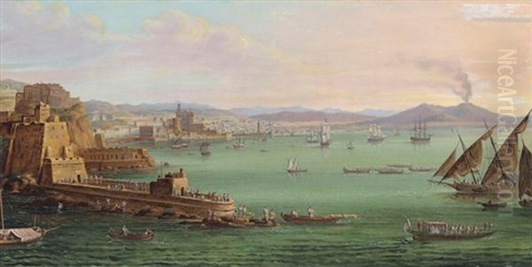 The Bay Of Naples With The Castel Dell'ovo, The Vesuvius Beyond Oil Painting by Richard Bankes Harraden